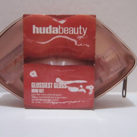 HUDA BEAUTY GLOSSIEST GLOSS MINI KIT~3 FAUX FILLER GLOSSES IN REUSABLE ZIP CASE - Picture 1 of 2